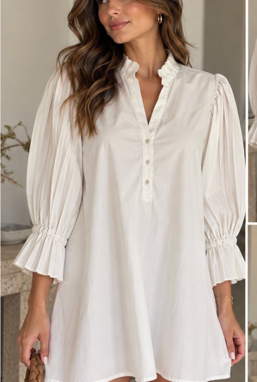 THML White Pleated Ruffle Trim Shift Dress Top - Small